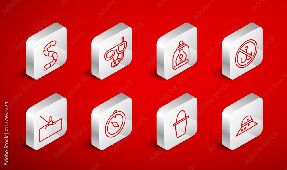 Set line Fisherman hat, Diving mask and snorkel, Camping lantern, No fishing, Fishing bucket, Worm, Compass and float water icon. Vector