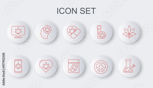 Set line Glass bong for smoking cannabis, Mobile and marijuana, Herbal ecstasy tablets, Peace, Location, Head with, Marijuana leaf heart and Plastic bag of icon. Vector