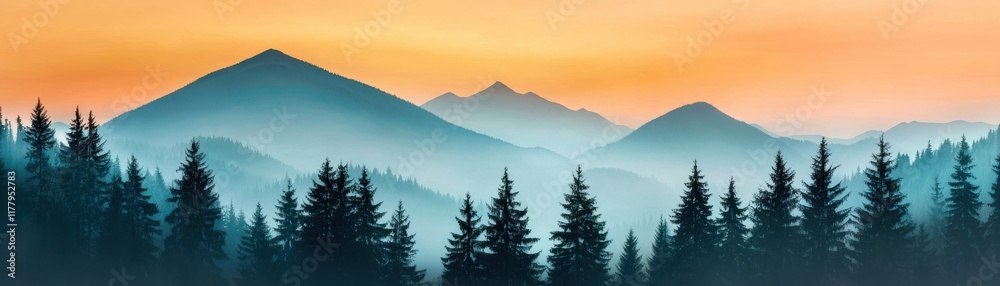 Fototapeta premium A serene landscape featuring misty mountains and dark coniferous trees against a vibrant orange and blue sunset sky.