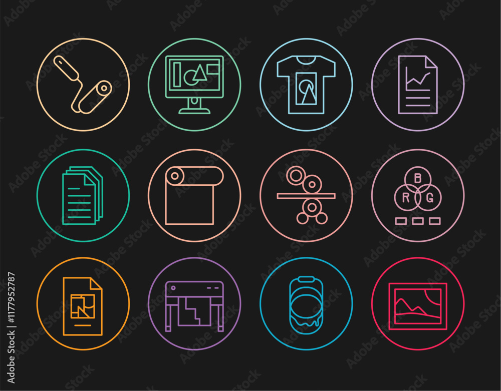 Set line Picture landscape, RGB color mixing, T-shirt, Roll of paper, File document, Paint roller brush, Paper printing press and Computer monitor screen icon. Vector
