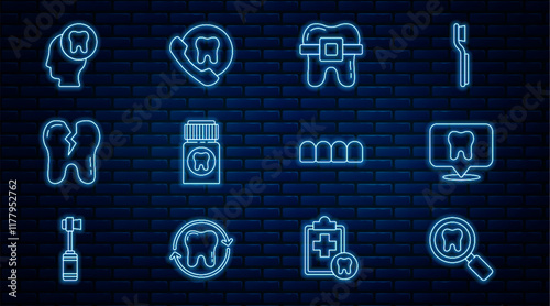 Set line Dental search, clinic location, Teeth with braces, Painkiller tablet, Broken tooth, Human head, Dentures model and Online dental care icon. Vector