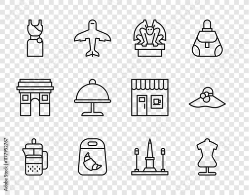 Set line French press, Mannequin, Gargoyle on pedestal, Croissant package, Woman dress, Covered with tray, Place De La Concorde and Elegant women hat icon. Vector