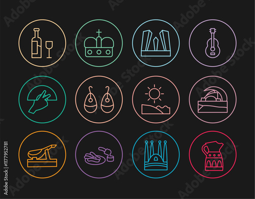 Set line Sangria pitcher, Concert hall de Tenerife, Gate of Europe, Earrings, Fan flamenco, Wine bottle with glass, Beach and Crown spain icon. Vector