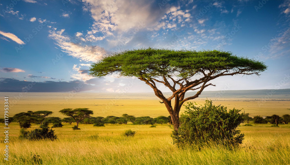 Obraz premium vibrant savanna landscape acacia tree framed by lush greenery beautiful savana shot of a tree in the savanna plains masai mara landscape