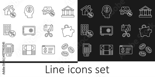 Set line Coin money with dollar, Piggy bank, Car leasing percent, Safe, House percant discount, Scissors cutting credit card and Business man planning mind icon. Vector