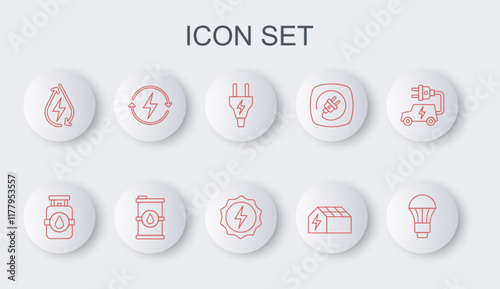 Set line LED light bulb, Propane gas tank, Electric plug, Solar energy panel, Water, Recharging, Bio fuel barrel and Lightning bolt icon. Vector