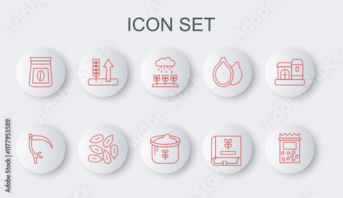 Set line Pack full of seeds of plant, Scythe, Plant sprouts grow in rain, Book about, Bag coffee beans, Wheat, Seed and flour icon. Vector
