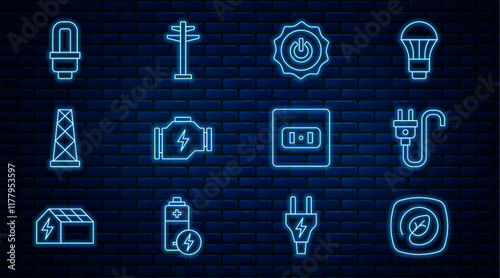 Set line Location with leaf, Electric plug, Power button, Check engine, Antenna, LED light bulb, Electrical outlet and tower icon. Vector