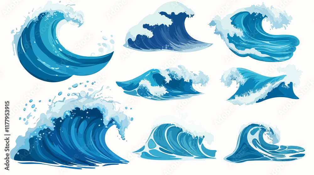 Diverse Collection of Sea Waves Vector Illustrations in Blue Ocean Colors Diverse Collection of Sea Waves Vector Illustrations in Blue Ocean Colors