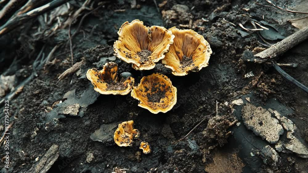 Unique mushrooms emerge from charred earth after wildfire in a forested area, showcasing resilience of nature Unique mushrooms emerge from charred earth after wildfire in a forested area, showcasing resilience of nature