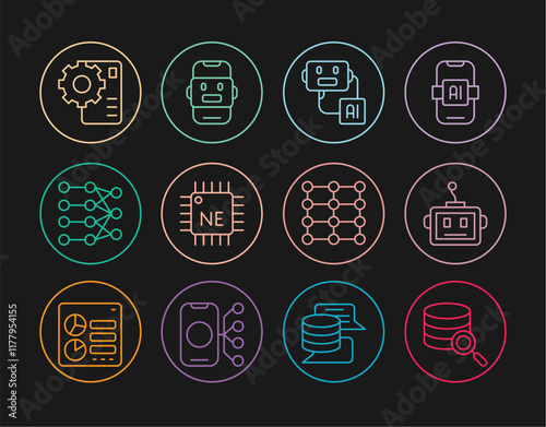 Set line Server, Artificial intelligence robot, Processor CPU, Neural network, and Chat icon. Vector