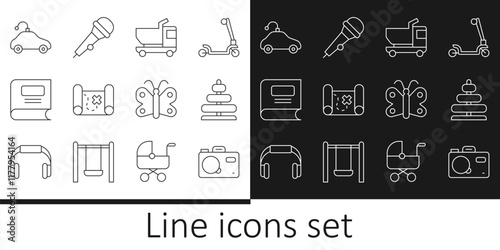 Set line Photo camera, Pyramid toy, Toy truck, Pirate treasure map, Book, Radio controlled car, Butterfly and Microphone icon. Vector