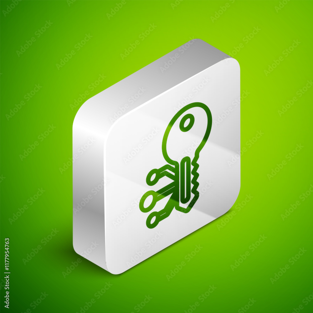 Isometric line Cryptocurrency key icon isolated on green background. Concept of cyber security or private key, digital key with technology interface. Silver square button. Vector