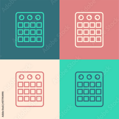 Pop art line Drum machine icon isolated on color background. Musical equipment. Vector
