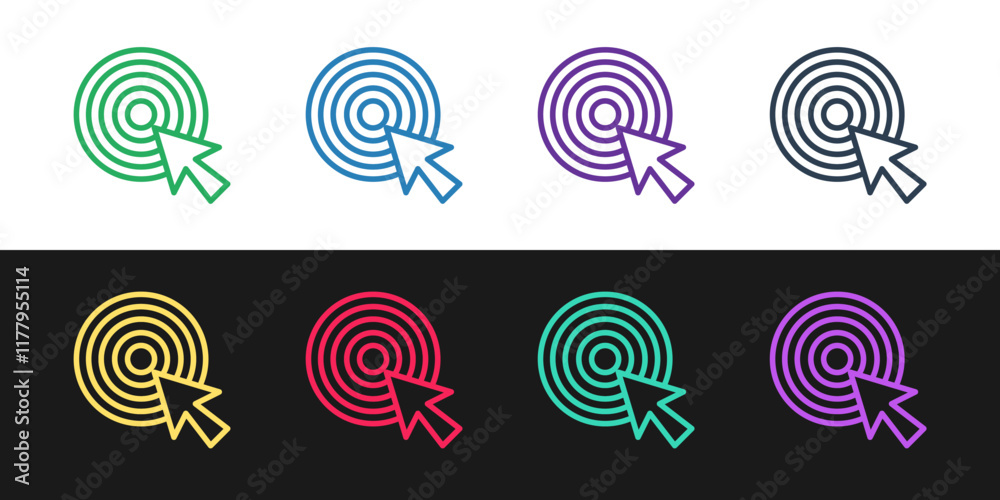Set line Target with arrow icon isolated on black and white background. Dart board sign. Archery board icon. Dartboard sign. Business goal concept. Vector Set line Target with arrow icon isolated on black and white background. Dart board sign. Archery board icon. Dartboard sign. Business goal concept. Vector