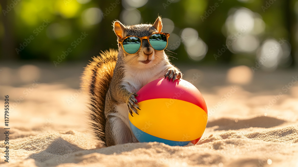 Obraz premium Playful squirrel wearing sunglasses holding a beach ball, symbolizing fun and energy, ideal for summer-themed branding or leisure campaigns