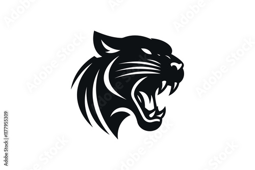 Minimalist black silhouette of a roaring panther head, bold and fierce