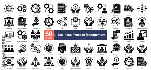 Business Process Management Icon Collection Set.Containing Bpm, Automation, Optimization, Integration, Form, Modeling, Agility, Change, Standards icon. Simple glyph style Vector	