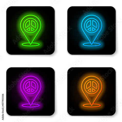 Glowing neon line Location peace icon isolated on white background. Hippie symbol of peace. Black square button. Vector