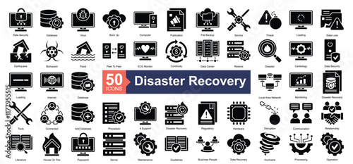 Disaster Recovery Icon Collection Set.Containing data security, database, virus, back up, computer, publication, file backup, service, threat icon. Simple glyph style Vector Illustration.	