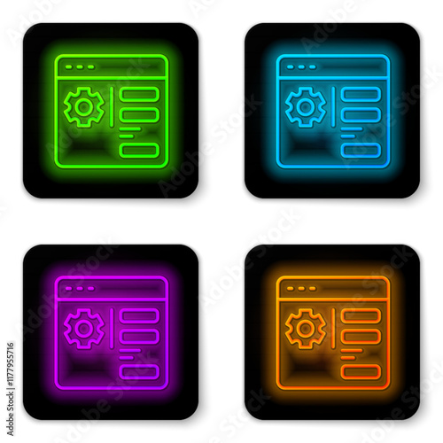 Glowing neon line Browser setting icon isolated on white background. Adjusting, service, maintenance, repair, fixing. Black square button. Vector