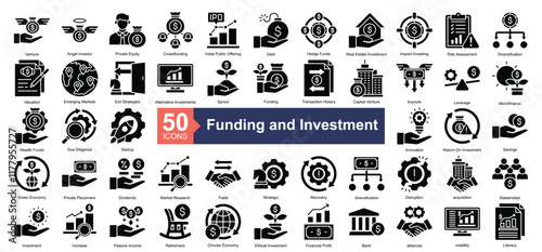 Funding and Investment Icon Collection Set.Containing venture, angel investor, private equity, crowdfunding, debt, hedge funds icon. Simple glyph style Vector Illustration.	