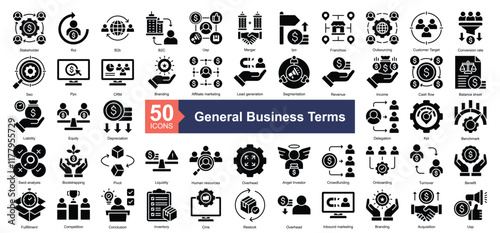 General Business Terms Icon Collection Set.Containing stakeholder, roi, b2b, b2c, usp, merger, ipo, franchise, outsourcing, customer target icon. Simple glyph style Vector Illustration.	