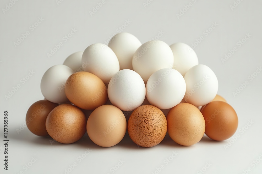 a neatly arranged pile of white and brown eggs against a pristine white background emphasizing their freshness and organic quality as staple ingredients for healthy meals a neatly arranged pile of white and brown eggs against a pristine white background emphasizing their freshness and organic quality as staple ingredients for healthy meals