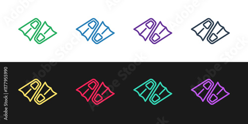 Set line Rubber flippers for swimming icon isolated on black and white background. Diving equipment. Extreme sport. Diving underwater equipment. Vector