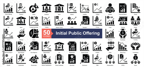 Initial Public Offering Icon Collection Set.Containing public offering, treasury, share, investors, bank, market, volatility icon. Simple glyph style Vector Illustration.	