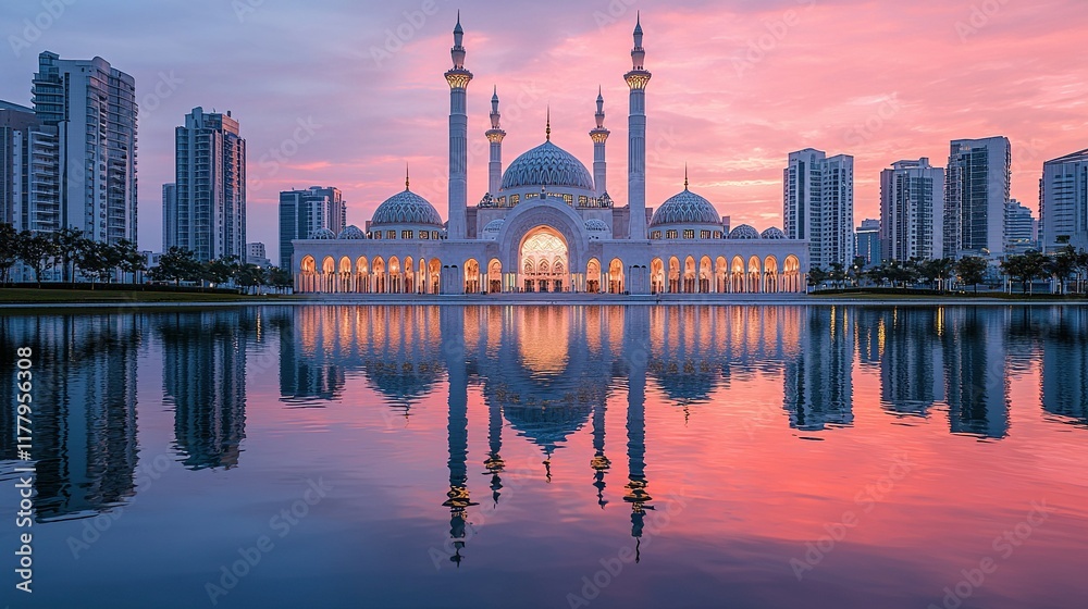 Fototapeta premium Grand mosque reflecting in water at sunrise, cityscape backdrop.