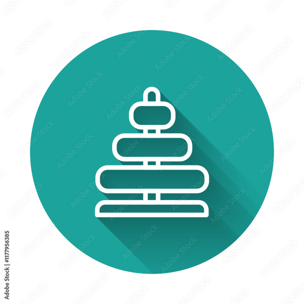 White line Pyramid toy icon isolated with long shadow background. Green circle button. Vector White line Pyramid toy icon isolated with long shadow background. Green circle button. Vector