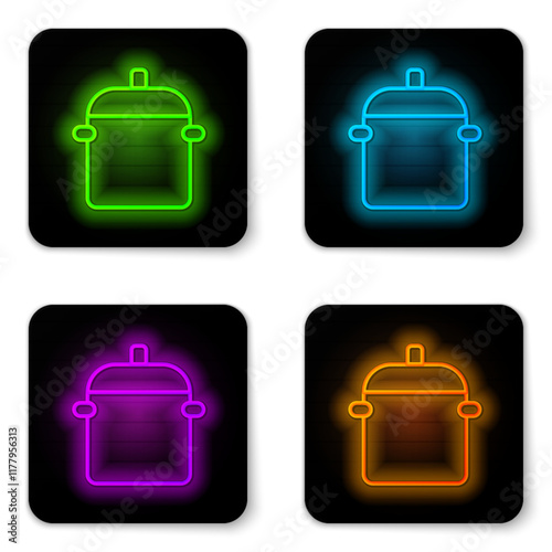 Glowing neon line Cooking pot icon isolated on white background. Boil or stew food symbol. Black square button. Vector