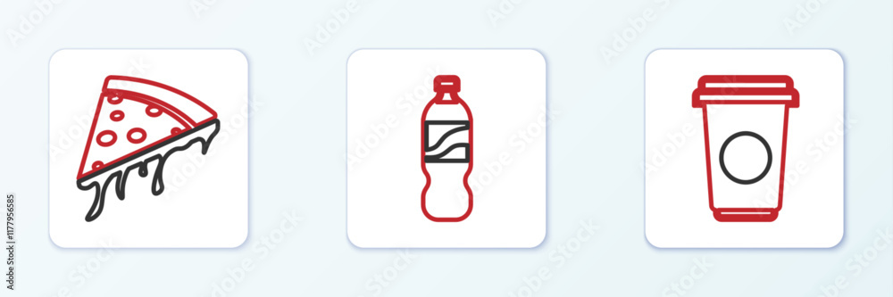 Set line Coffee cup, Slice pizza and Bottle water icon. Vector Set line Coffee cup, Slice pizza and Bottle water icon. Vector