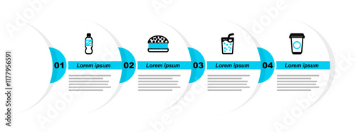 Set line Coffee cup, Glass with water, Burger and Bottle icon. Vector