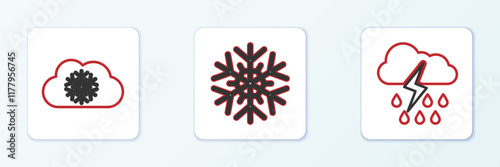 Set line Cloud with rain and lightning, snow and Snowflake icon. Vector