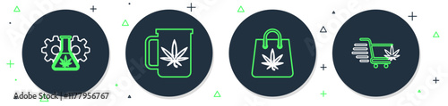 Set line Cup tea with marijuana, Shopping bag of, Test tube and cart icon. Vector