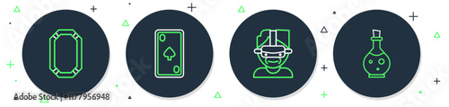 Set line Playing card with diamonds, Virtual reality glasses, Poker table and Bottle magic elixir icon. Vector