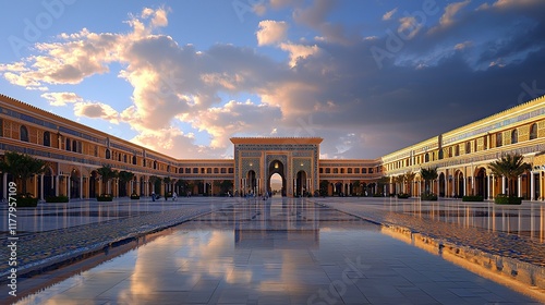 Grand plaza reflecting sunset, ornate arch, people strolling.