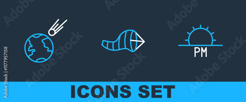 Set line Sunset, Comet falling down fast and Cone meteorology windsock wind vane icon. Vector