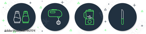 Set line Electric mixer, Blender, Salt and pepper and Knife icon. Vector