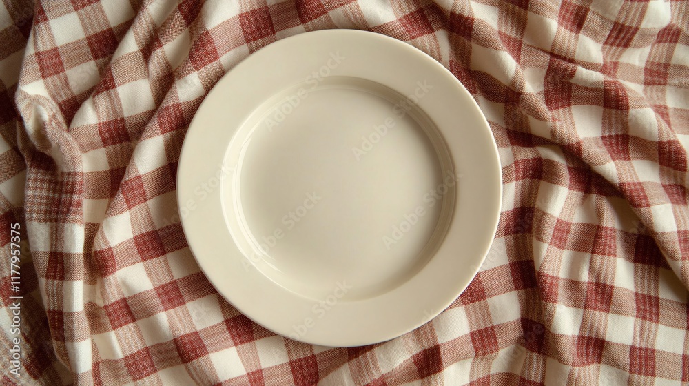 Clean white plate on a red and white checkered tablecloth in a cozy setting Clean white plate on a red and white checkered tablecloth in a cozy setting