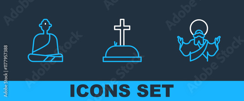 Set line Jesus Christ, Buddhist monk and Tombstone with cross icon. Vector