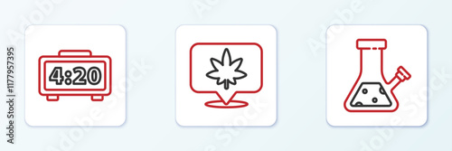 Set line Glass bong for smoking cannabis, Digital alarm clock and Location and icon. Vector
