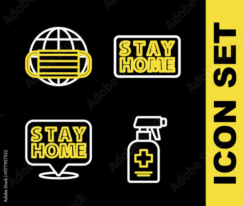 Set line Stay home, Liquid antibacterial soap, and Earth with medical mask icon. Vector