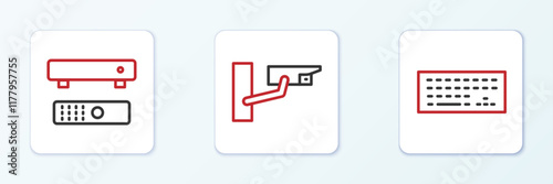 Set line Keyboard, Multimedia and TV box and Security camera icon. Vector