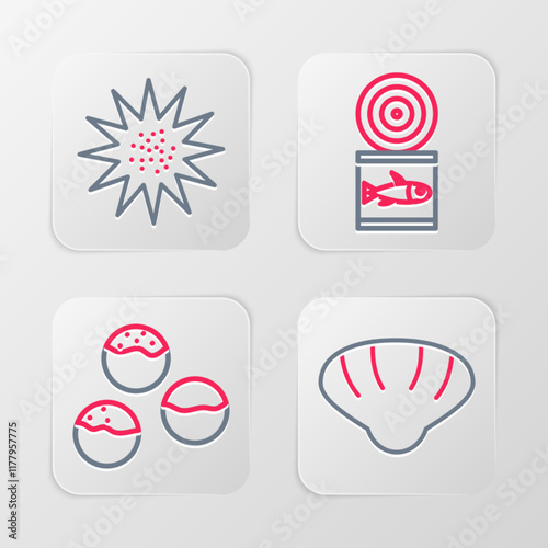 Set line Scallop sea shell, Takoyaki, Canned fish and Sea urchin icon. Vector