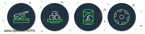 Set line Olives on plate, in can, Spanish jamon and Football ball icon. Vector