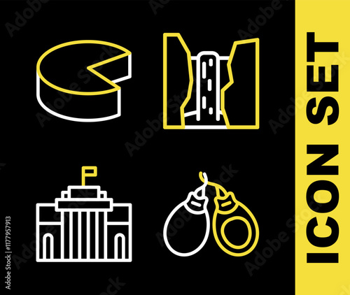 Set line Algar waterfall, Castanets, Prado museum and Cheese icon. Vector