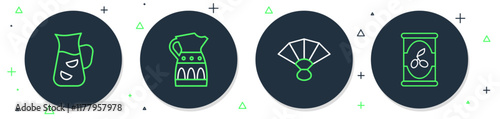 Set line Sangria pitcher, Fan flamenco, and Olives in can icon. Vector